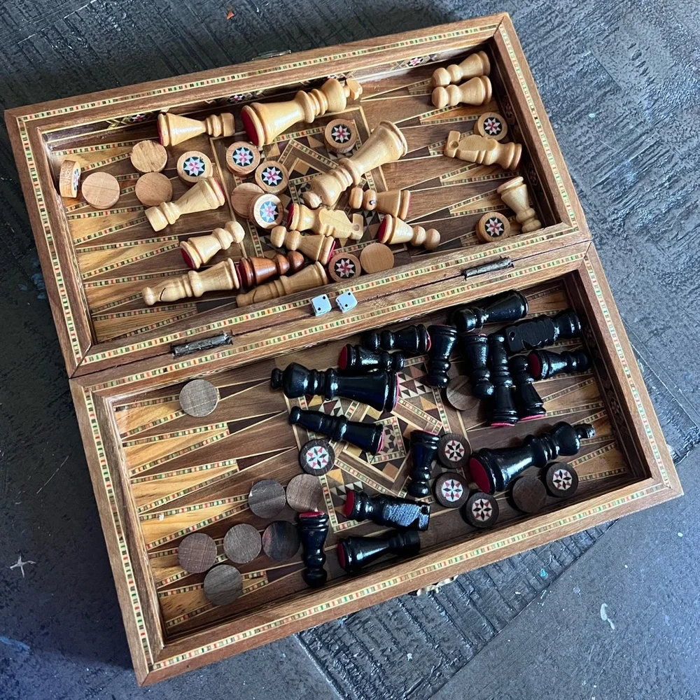Vintage Chess Checkers and Backgammon Game Set Mosaic Wooden Walnut board - Picture 1 of 6